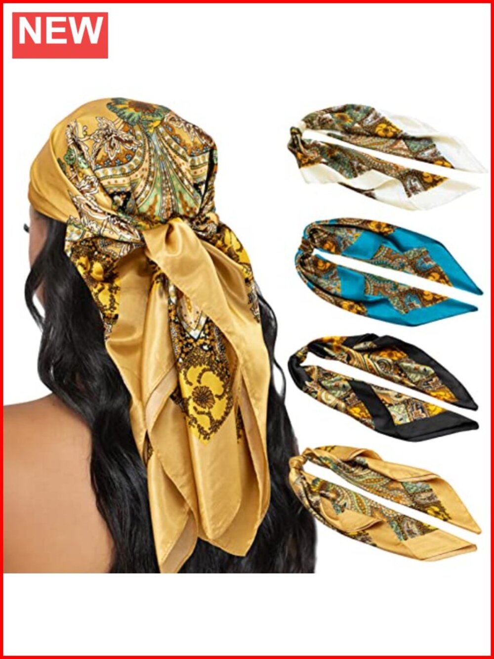 4 Pc Satin Silk Feel Head Scarf 35" Square Hair Wrap Bandana Set